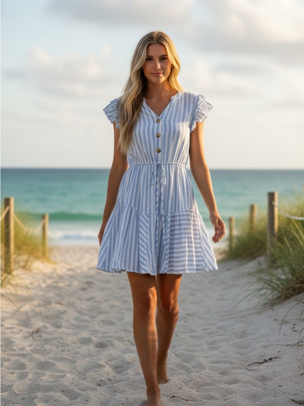 JODIFL Light Blue & White Striped V-Neck Mini Dress